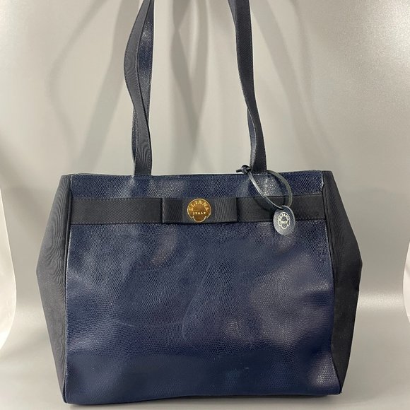 Exquisite Eliana Italy Blue Leather with Black Canvas Tote Bag - Picture 1 of 13